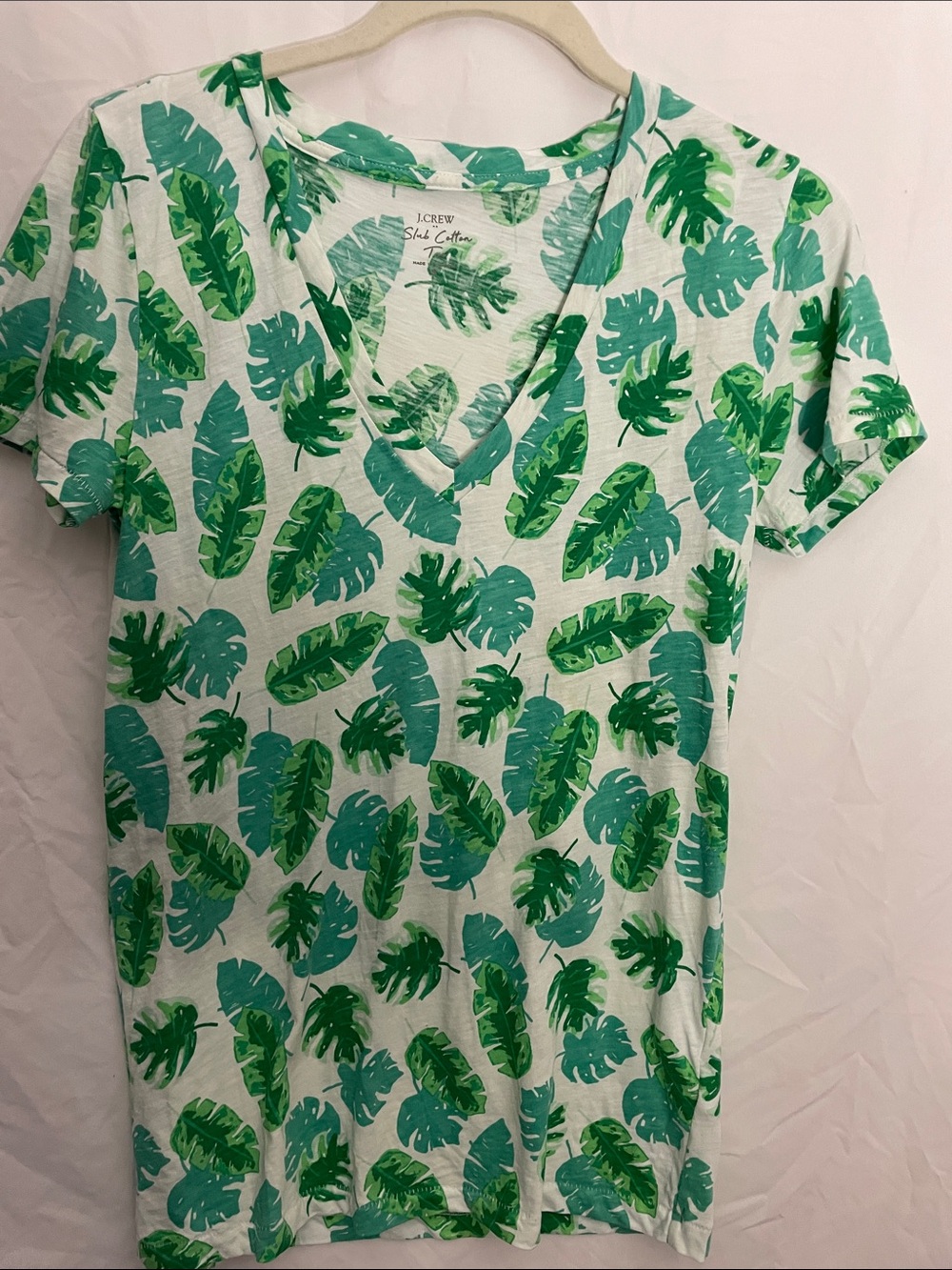 J. Crew White V-Neck Tee with Green Tropical Leaf Print